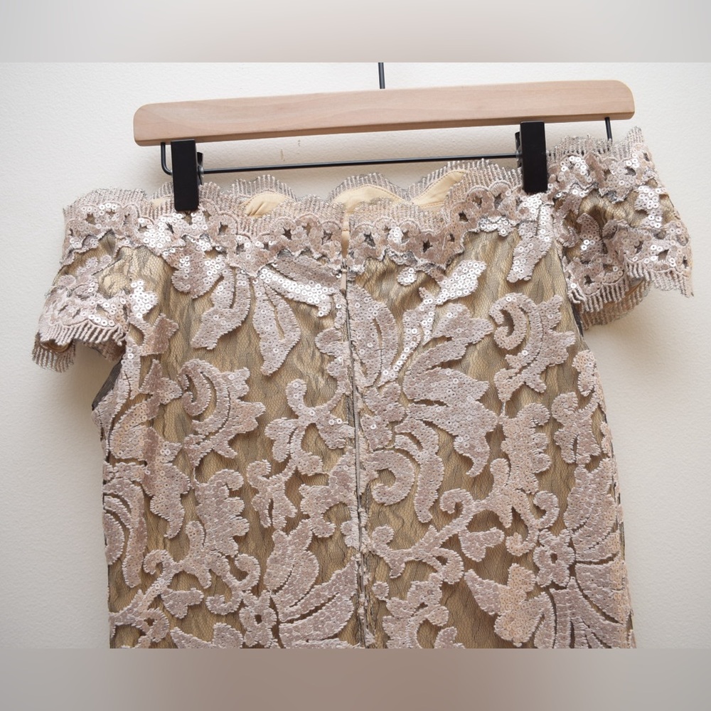 BHLDN Tadashi Shoji Odette Gold Sequin Boatneck Lace Overlay Full Length Dress - Picture 7 of 8